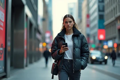 Femme en streetwear futuriste marchant en ville moderne