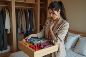 Femme élégante choisissant une écharpe dans un dressing