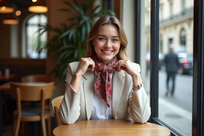 Femme élégante ajustant une foulard en soie à Paris