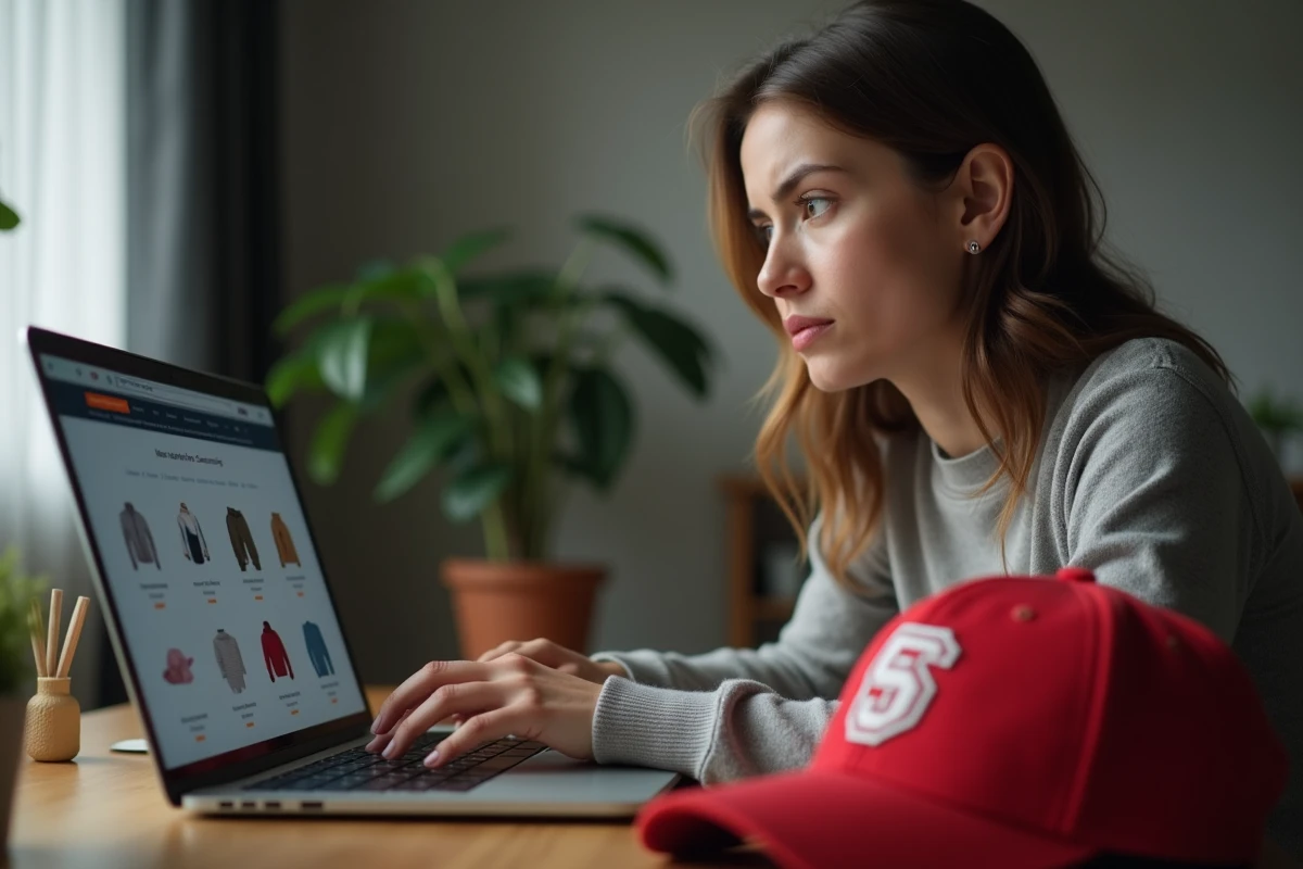 Femme vérifiant l'authenticité d'une casquette Trump sur un site de vente en ligne
