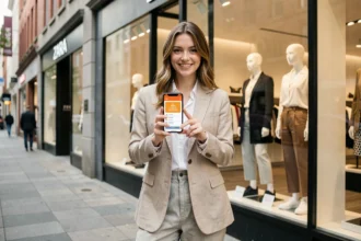 Jeune femme souriante devant un magasin Zara tenant un smartphone affichant une application de cashback
