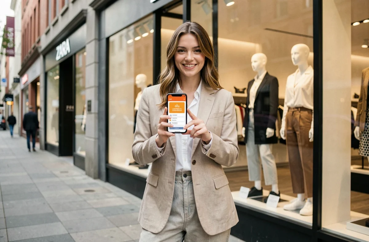 Jeune femme souriante devant un magasin Zara tenant un smartphone affichant une application de cashback