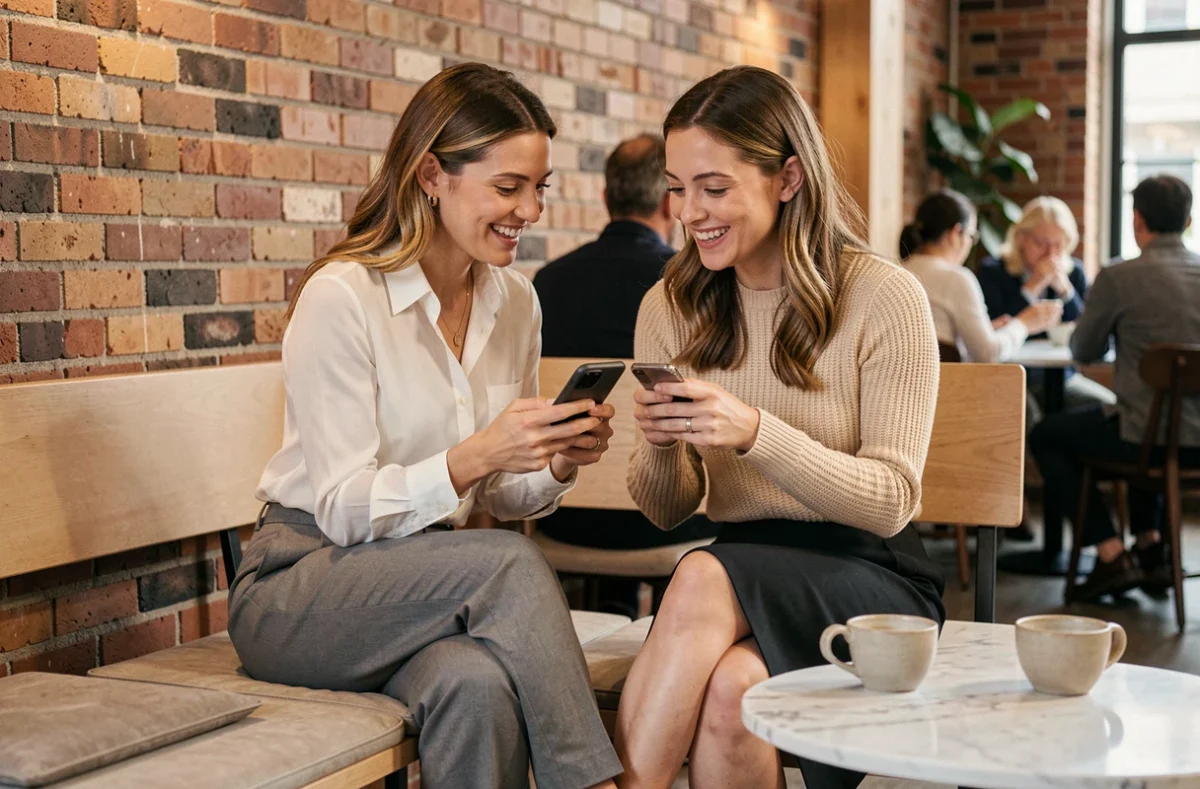 Deux femmes élégantes et souriantes dans un café urbain regardant ensemble un smartphone, symbolisant le partage de conseils mode et la confiance vestimentaire