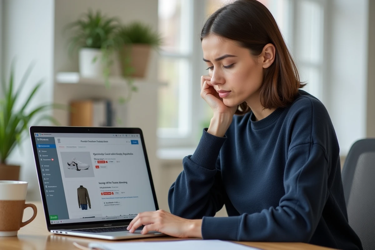 Femme filtrant des produits de marque inconnue sur un site e-commerce depuis son bureau à domicile