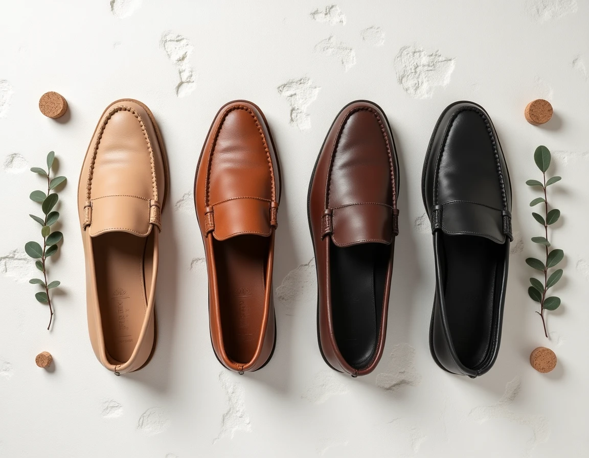 Flat-lay de trois paires de babouches homme en cuir artisanal beige, marron et noir sur fond en plâtre blanc texturé