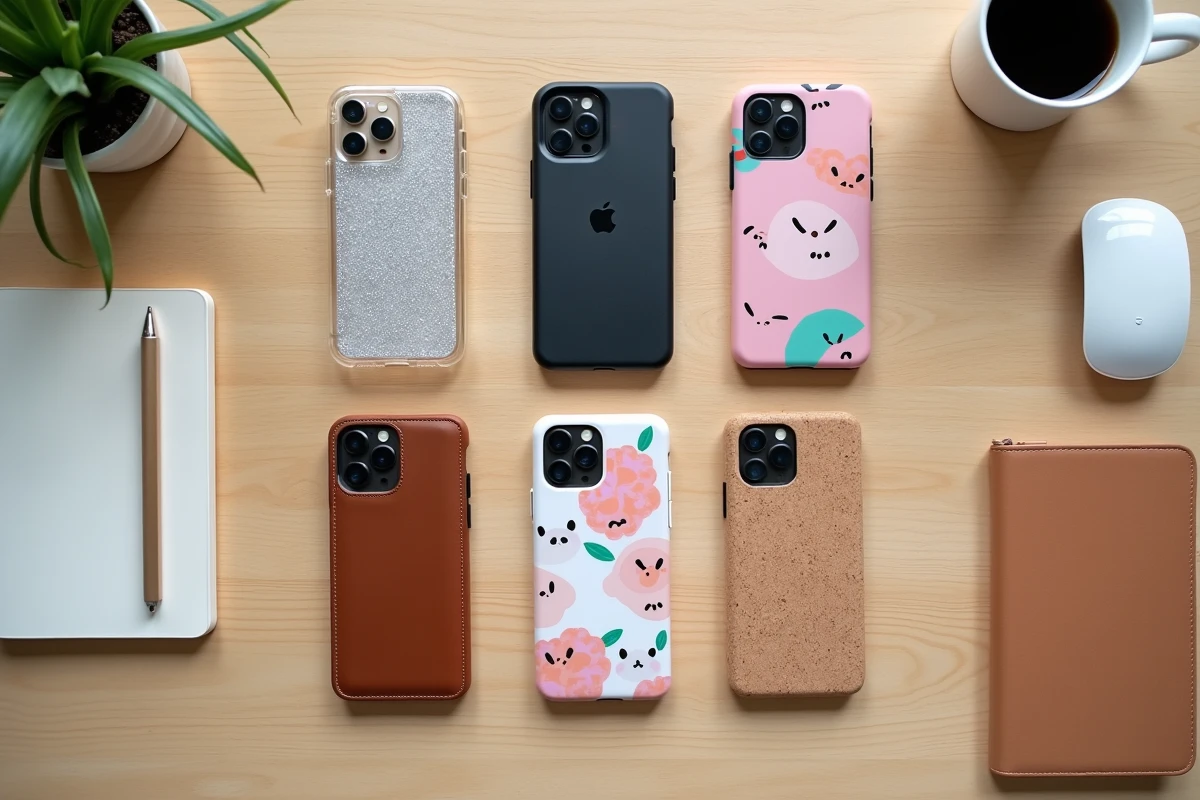 Flat-lay de six coques de téléphone originales aux styles variés sur un bureau en bois clair