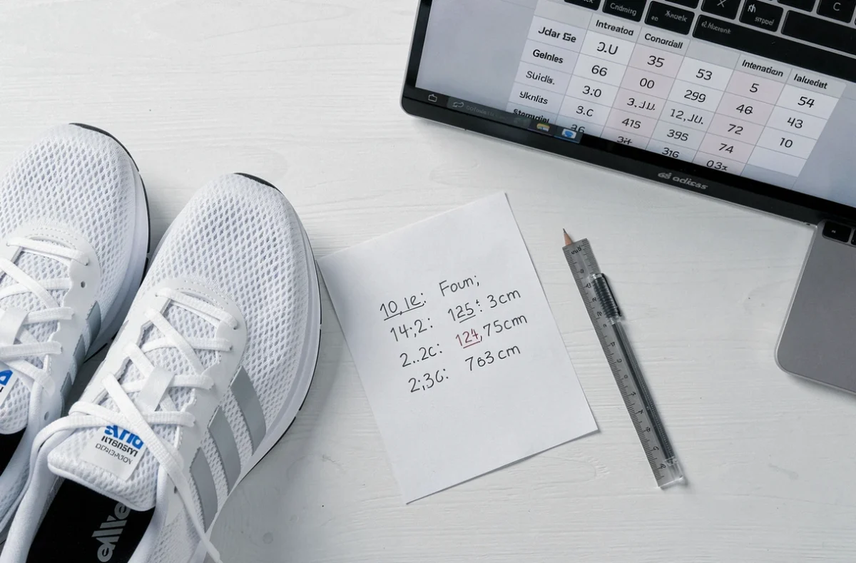 Flat lay d'une paire de chaussures Adidas avec tableau de conversion des tailles et notes de mesures sur un bureau blanc