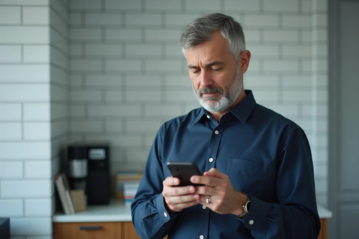 Fonctionnaire vérifiant le statut de sa commande habillement sur smartphone dans une salle de pause administrative