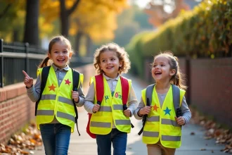 Groupe d'enfants portant des gilets jaunes personnalisés avec leurs prénoms et des étoiles colorées lors d'une sortie scolaire