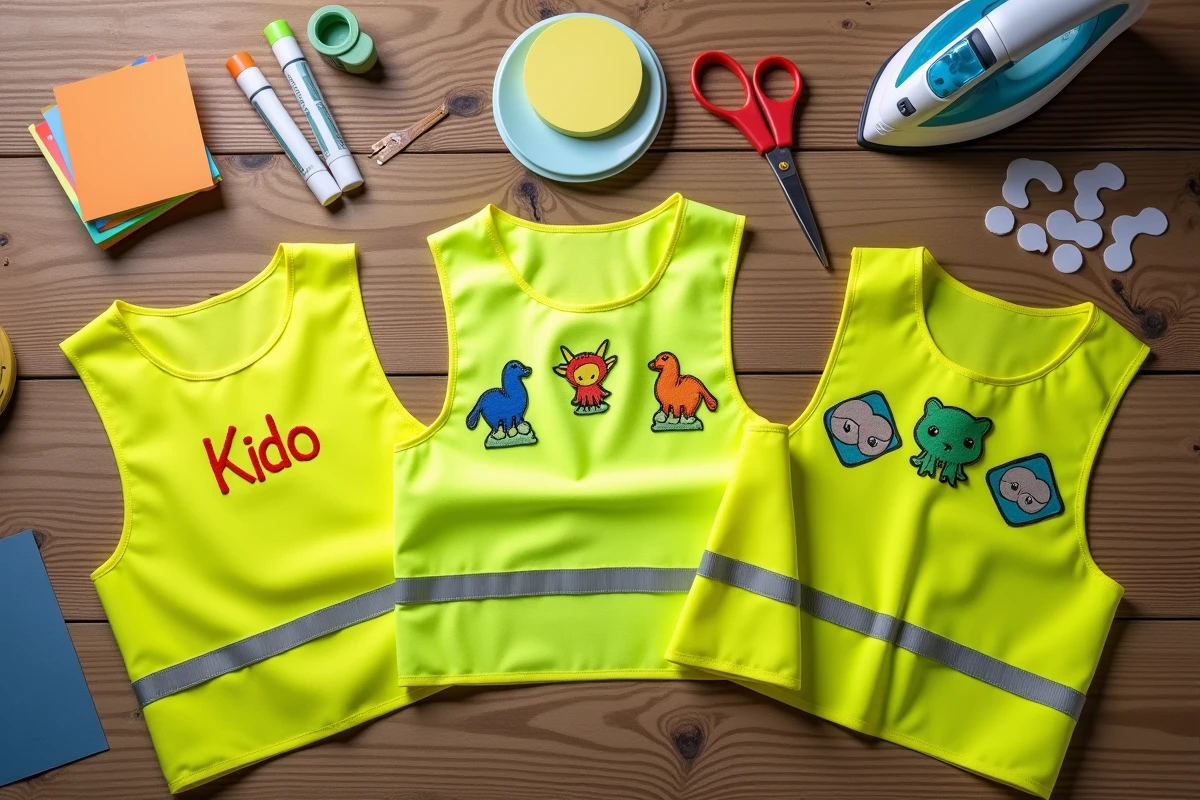 Vue à plat de gilets jaunes personnalisés avec broderies, dessins au marqueur textile et patchs colorés posés sur une table en bois avec des outils de personnalisation