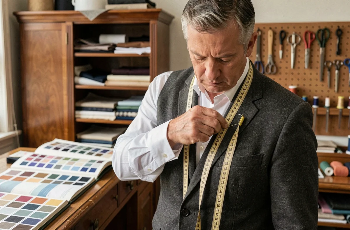 Maître tailleur du Grand Atelier à Lille cousant à la main un veston en laine sur mesure