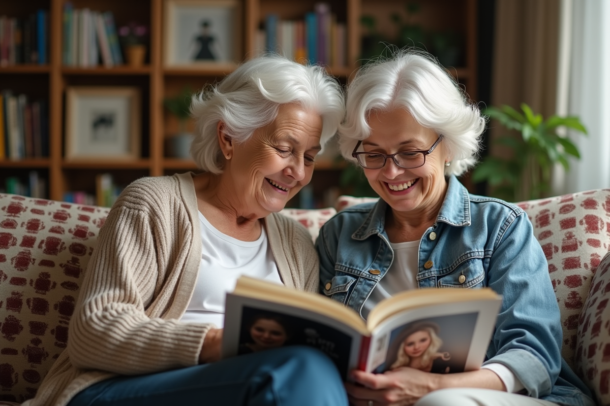 Grand-mère et petite-fille lisant un magazine de mode dans un salon
