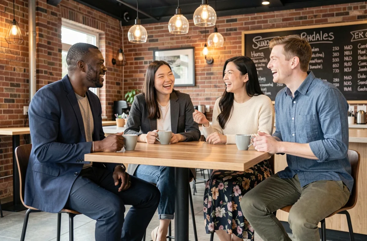 Groupe de collègues en tenue casual friday variée réunis dans une salle de pause moderne, illustrant la diversité des looks décontractés au travail
