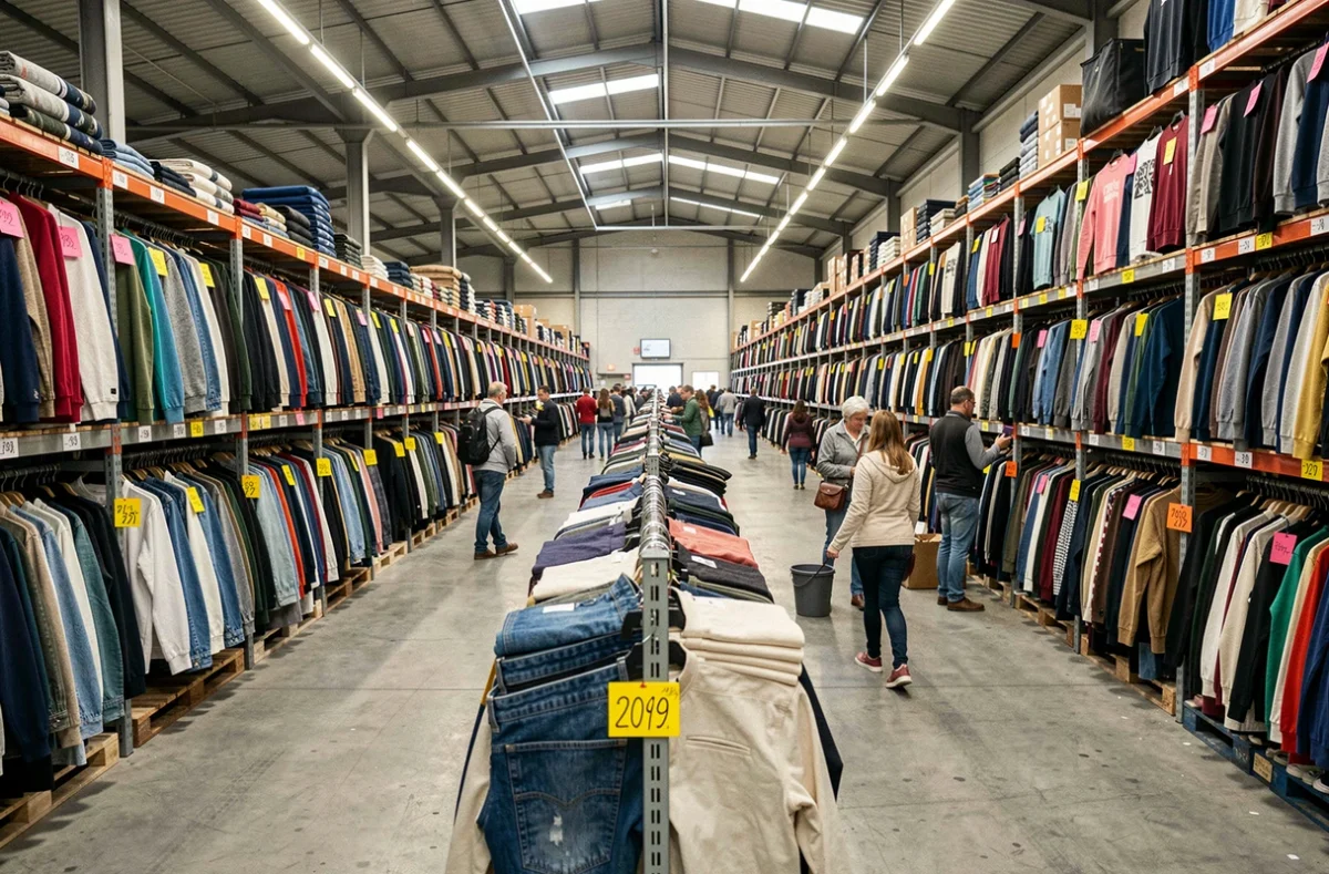 Vaste espace intérieur de la friperie grande surface Guerrisol à Roubaix avec de longues rangées de vêtements de seconde main