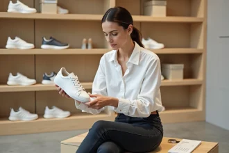 Femme comparant une pointure de basket blanche avec un guide des tailles UK dans une boutique de chaussures minimaliste