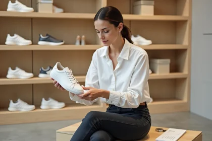 Femme comparant une pointure de basket blanche avec un guide des tailles UK dans une boutique de chaussures minimaliste