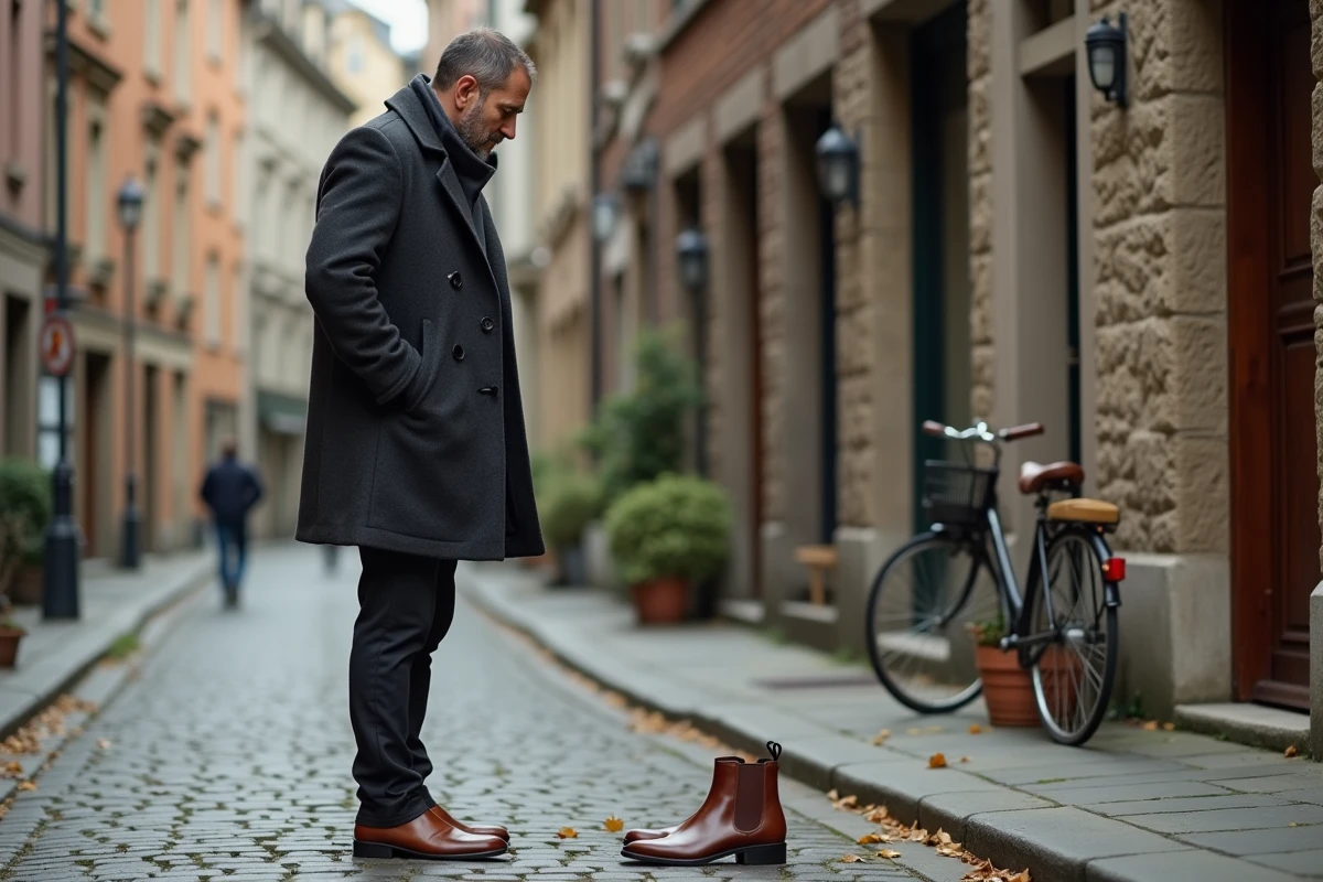 Homme essayant des bottines Chelsea en cuir marron sur un pavé urbain avec guide des tailles de chaussures UK