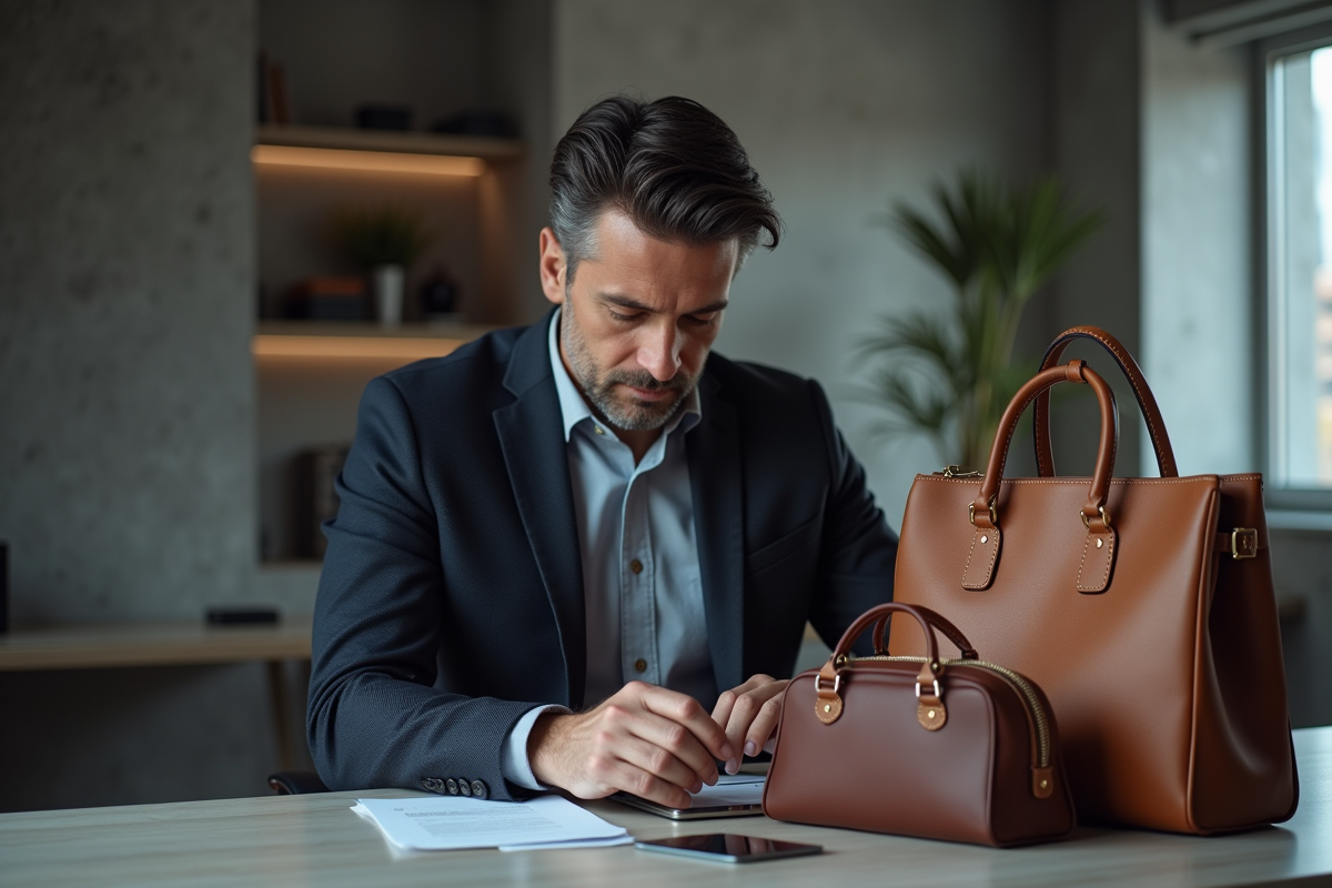 Homme compare deux sacs à main sur un bureau professionnel