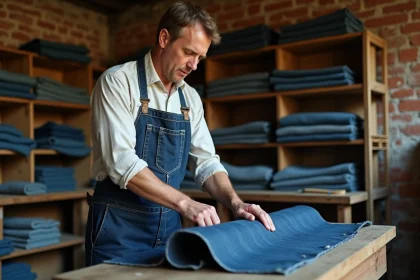Homme d'atelier en denim ancien dans un atelier textile