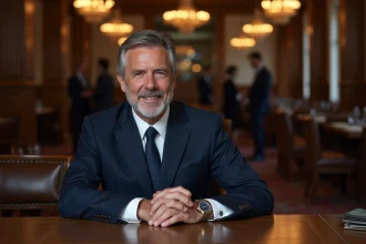 Homme d'âge moyen en costume navy lors d'une vente aux enchères