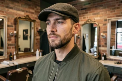 Homme avec barbe courte et casquette plate dans un salon de coiffure urbain, mettant en valeur la structure du visage