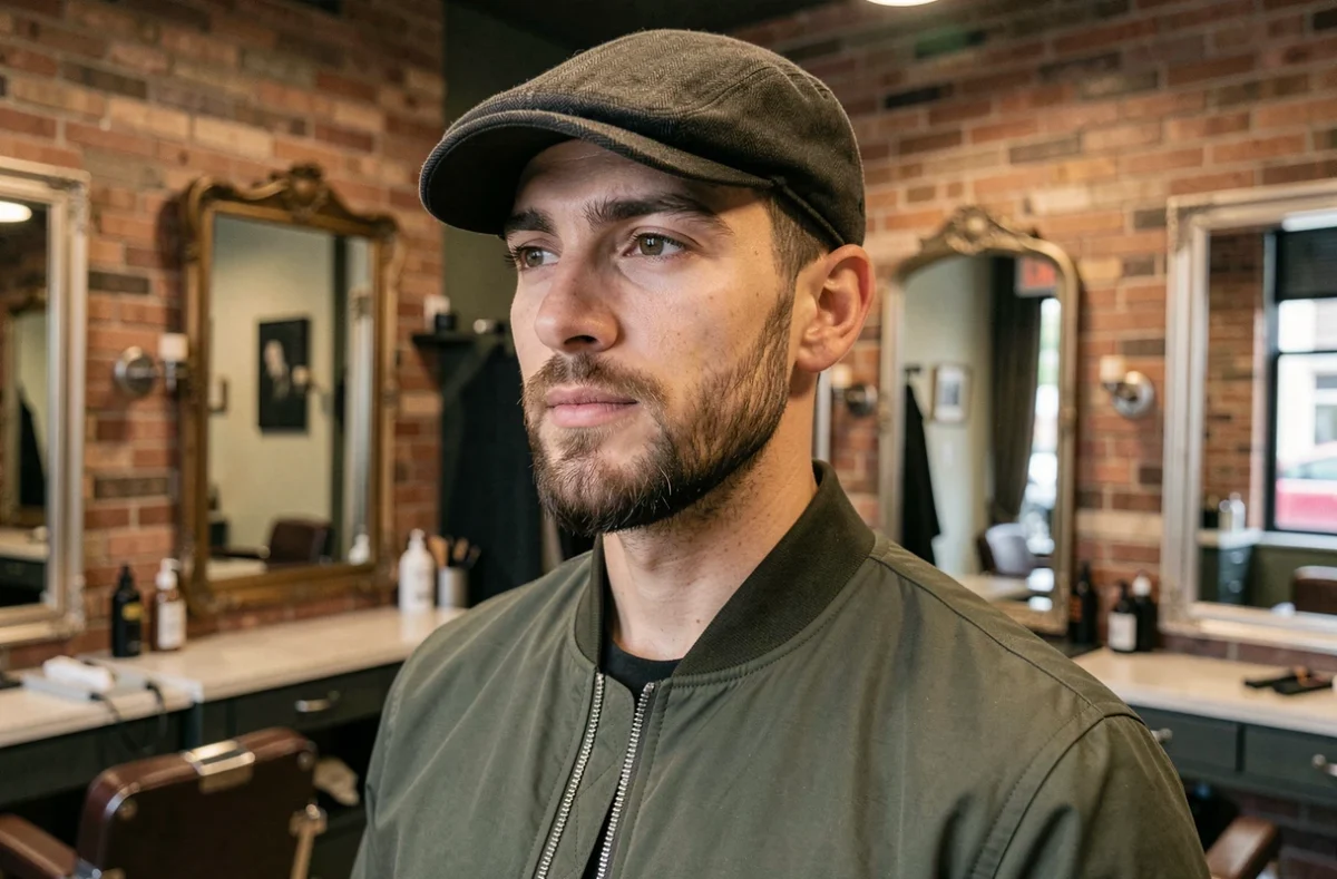 Homme avec barbe courte et casquette plate dans un salon de coiffure urbain, mettant en valeur la structure du visage