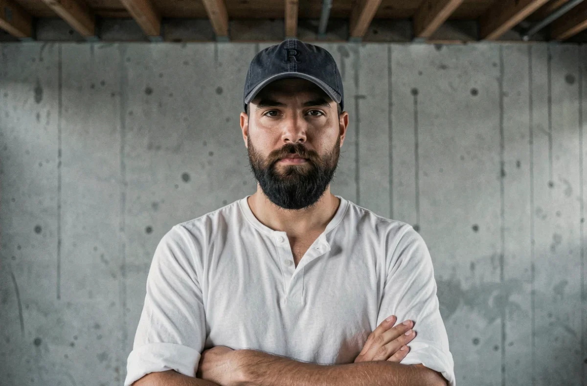 Jeune homme avec barbe pleine et casquette dad hat devant un mur en béton dans un loft industriel