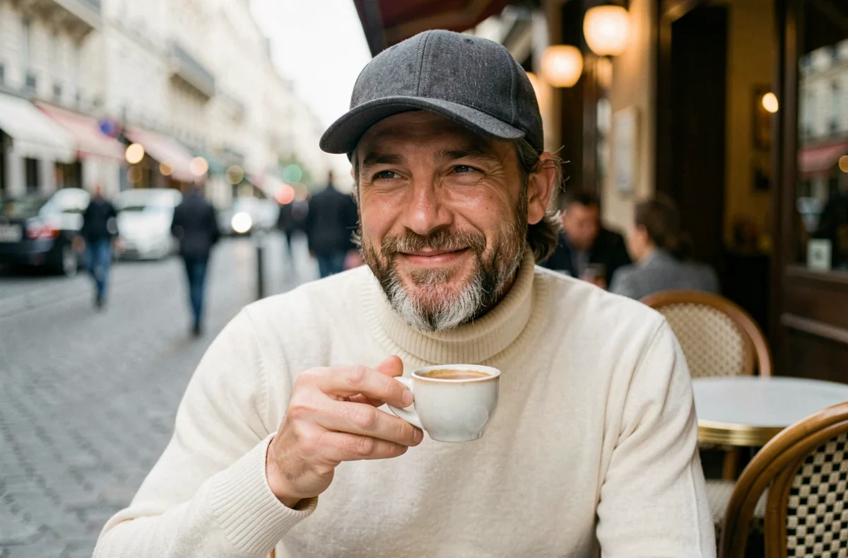 Homme mature avec barbe soignée et snapback gris attablé à une terrasse parisienne, look casual chic