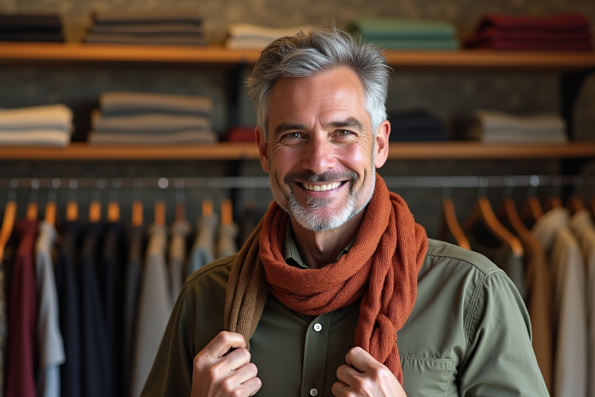 Homme souriant tenant des écharpes dans une boutique