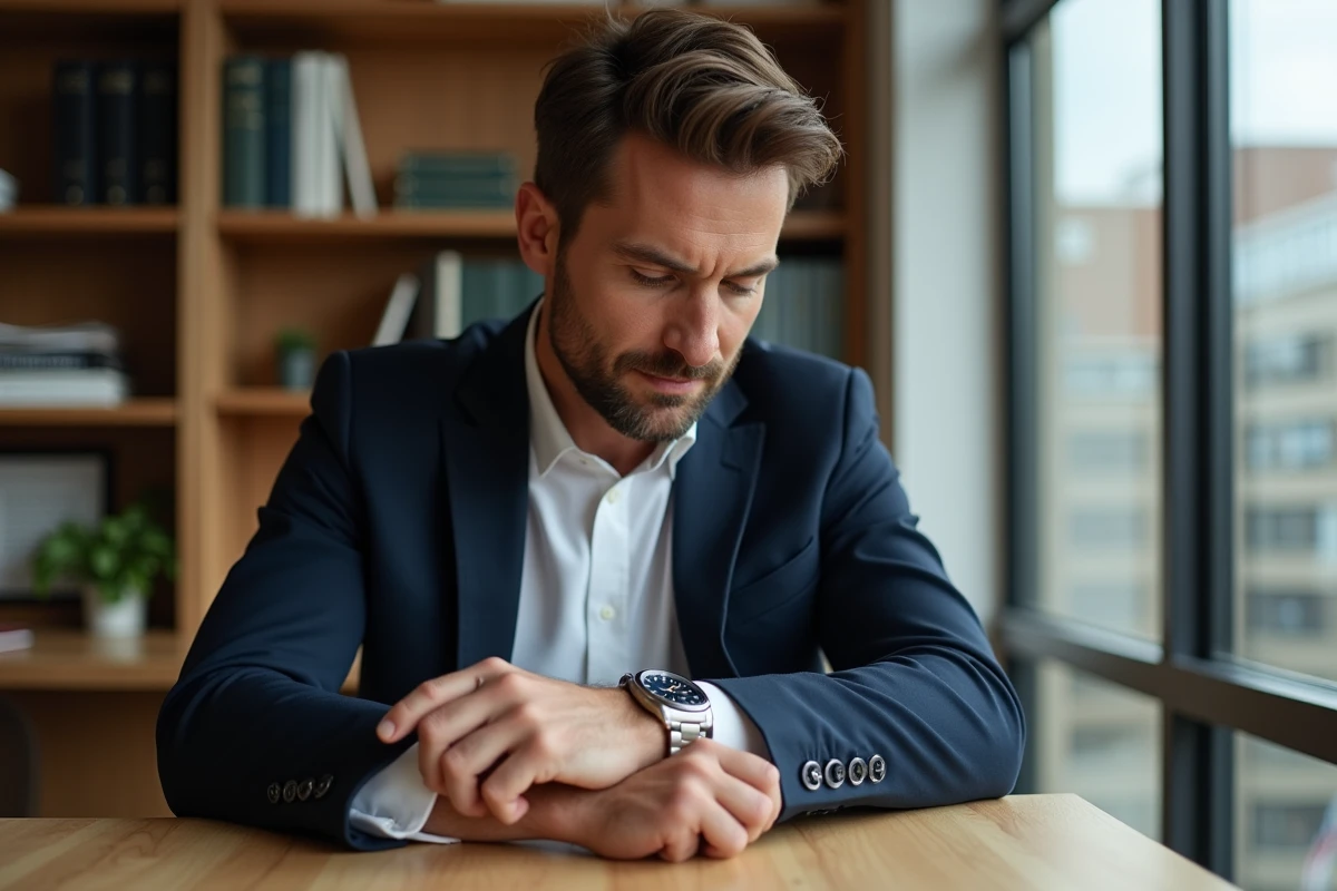 Homme en bureau ajustant une montre en acier inoxydable