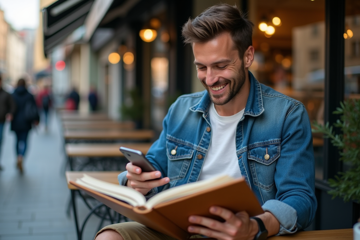 Homme décontracté dans un café urbain vérifiant son téléphone
