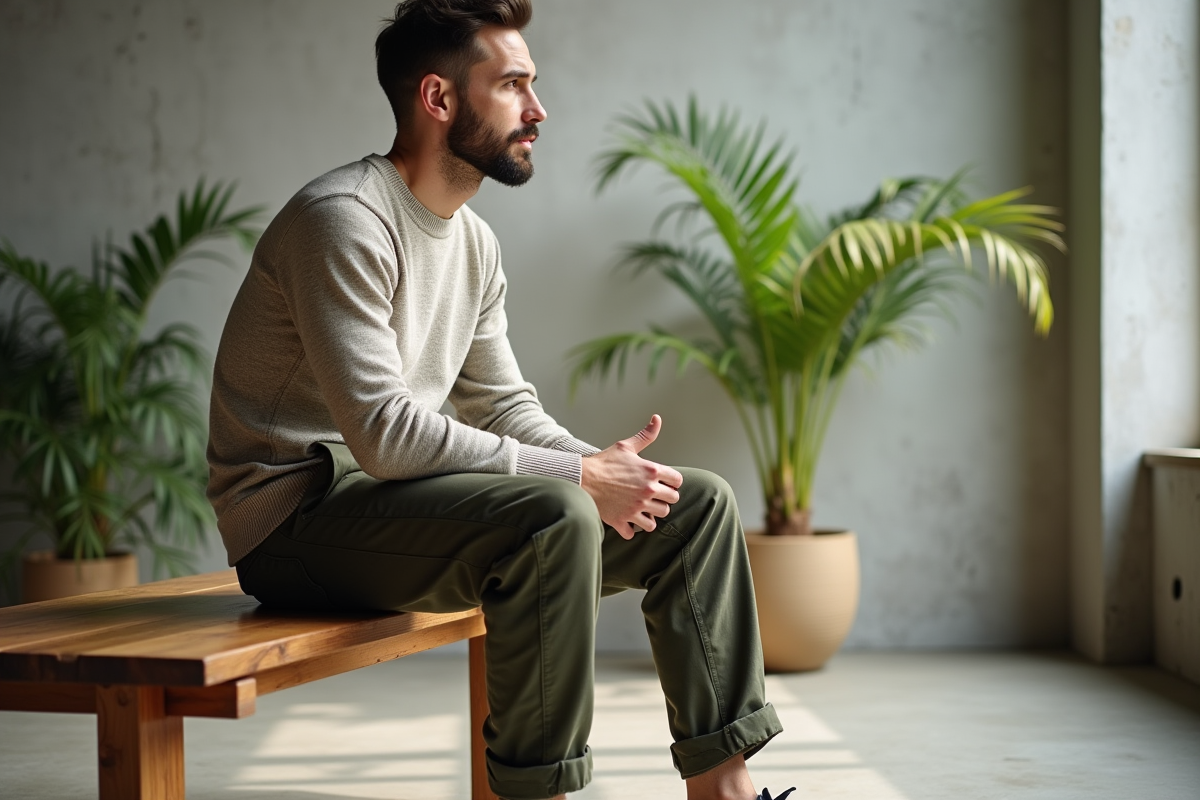 Homme en pantalon cargo dans un loft lumineux