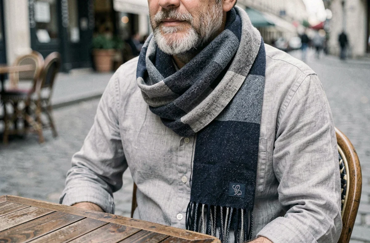 Homme portant un cheche personnalisé bleu marine en terrasse de café parisien, idée cadeau originale
