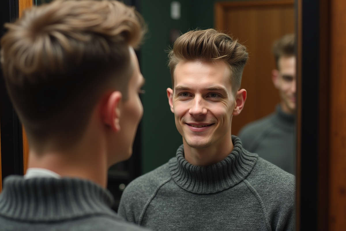 Jeune homme examine sa coupe dans un barbershop vintage