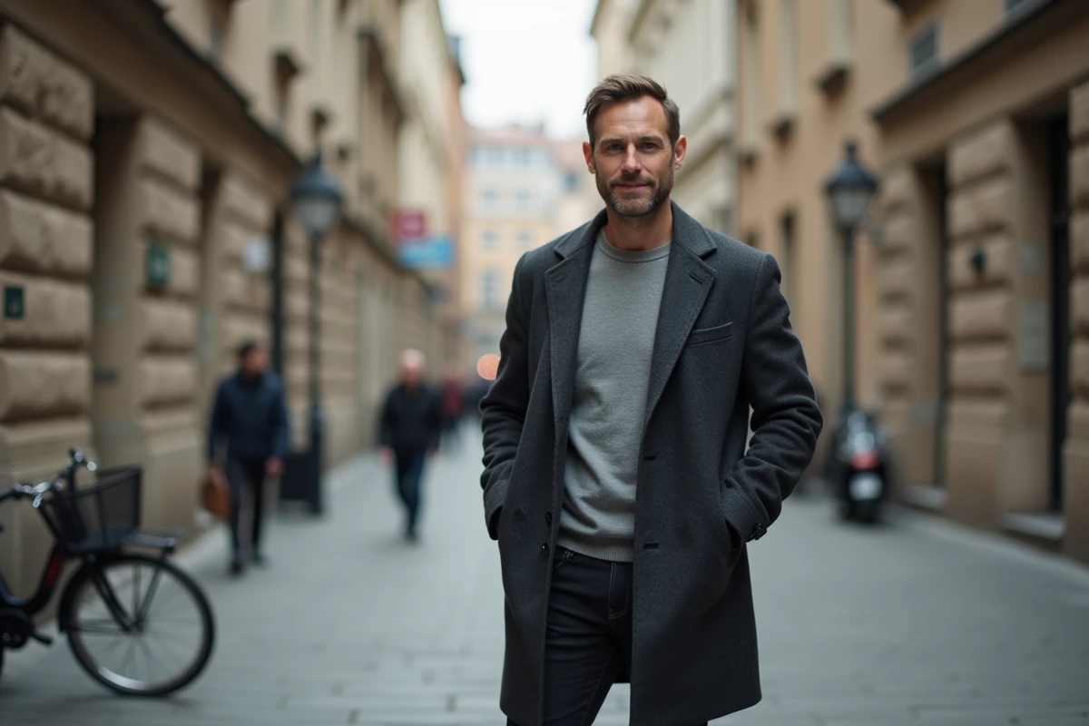 Homme quadragénaire debout dans une rue urbaine avec une expression de sérénité et de confiance en soi assumée