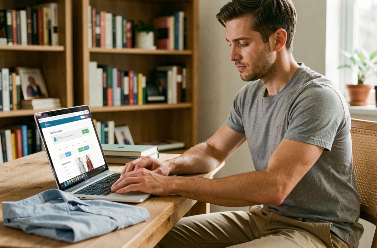 Homme utilisant un convertisseur de taille de vêtement en ligne sur ordinateur portable à domicile
