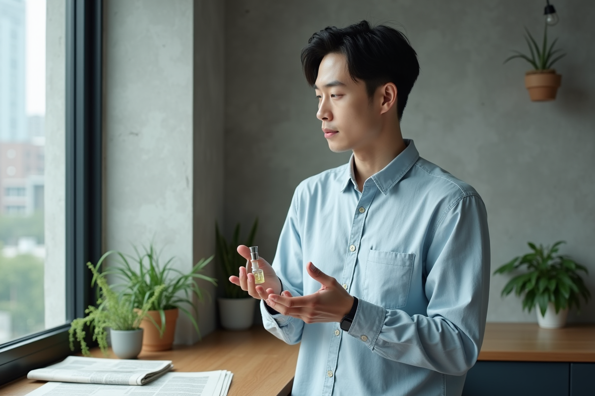 Homme koreen examinant une essence dans la main