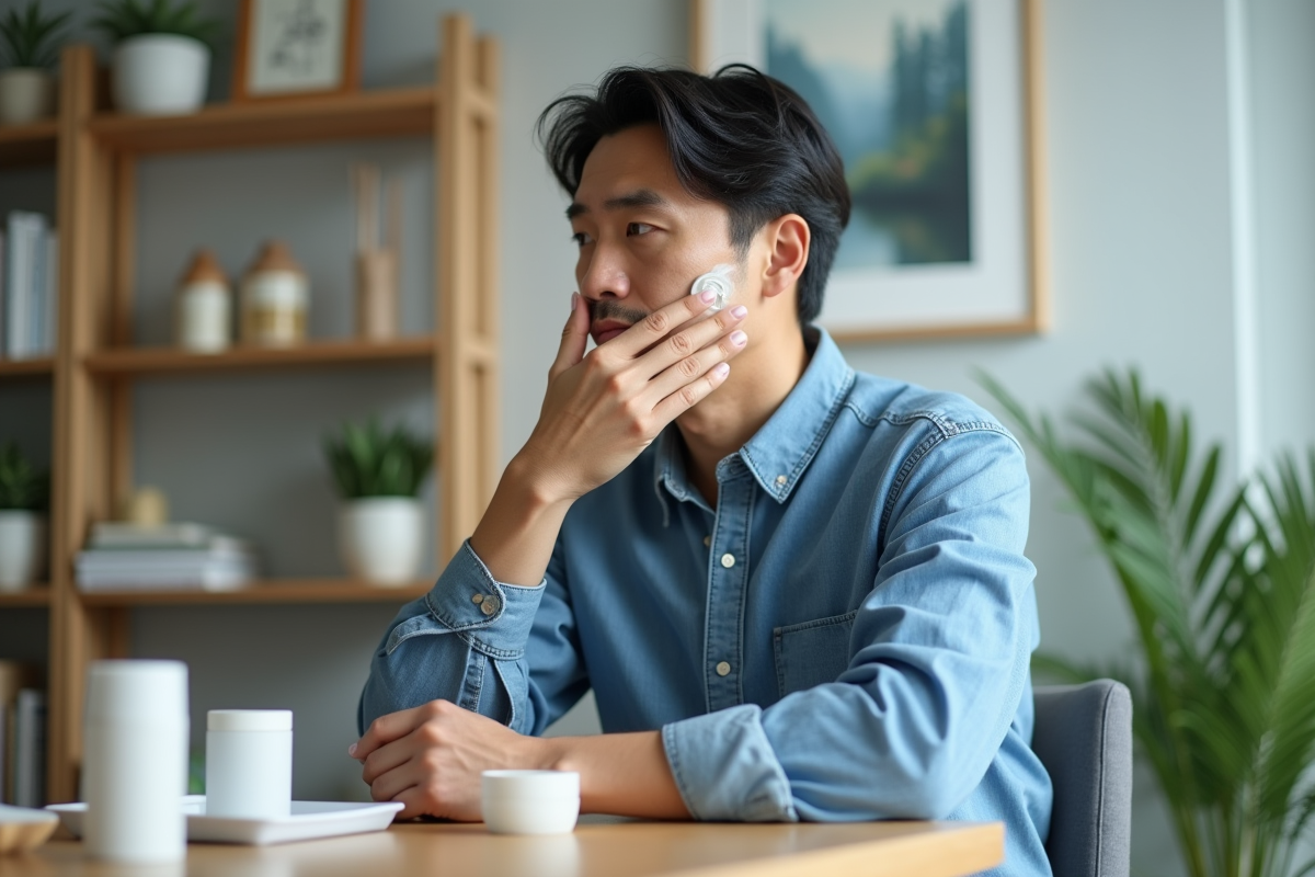 Homme coreen appliquant creme visage dans salon lumineux