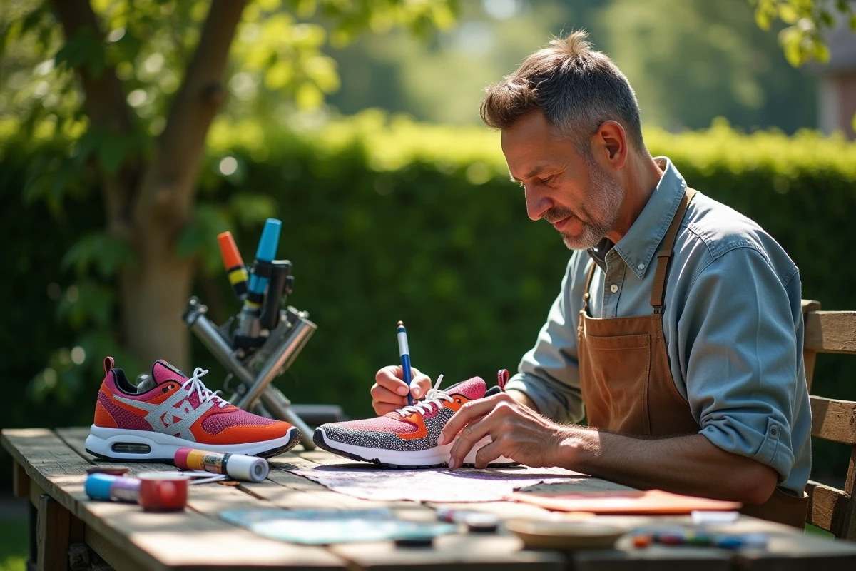 Homme d&eacute;corant des sneakers dans un jardin en plein air