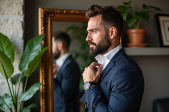 Homme élégant en costume ajusté dans un intérieur cosy