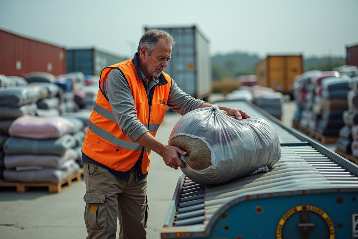 Homme en vestiaire haute visibilité manipulant des vêtements
