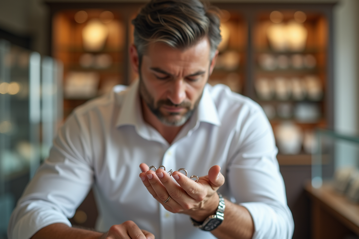 Homme examinant des anneaux avec un guide à la bijouterie