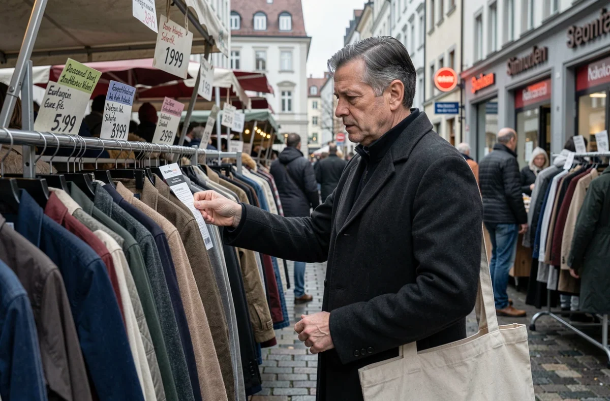 Homme examinant l'étiquette de marque d'une veste dans un marché de rue germanophone, illustrant la recherche de marque inconnue lors d'un achat