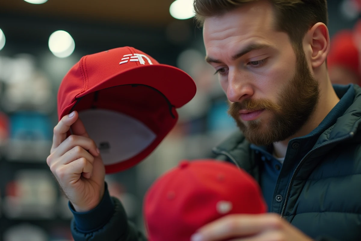 Homme examinant une casquette Trump à la recherche de défauts d'authenticité en magasin