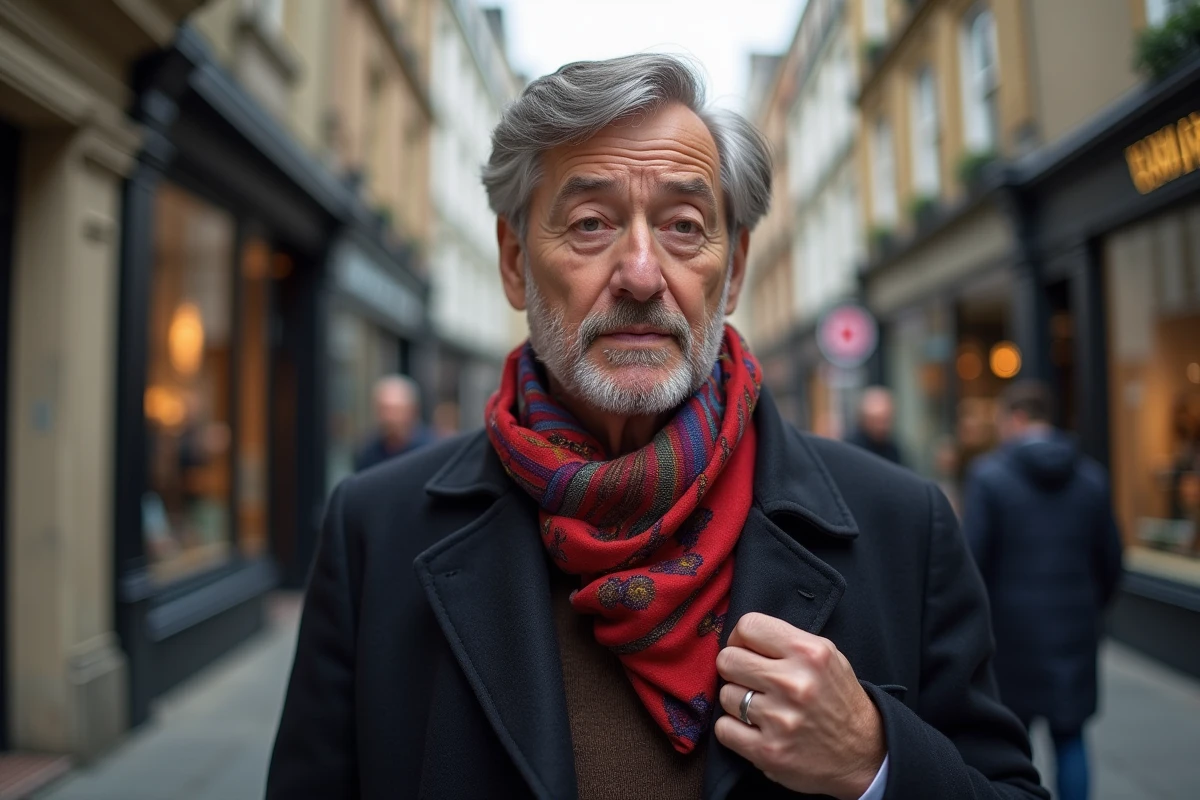 Homme ajustant un foulard coloré en ville