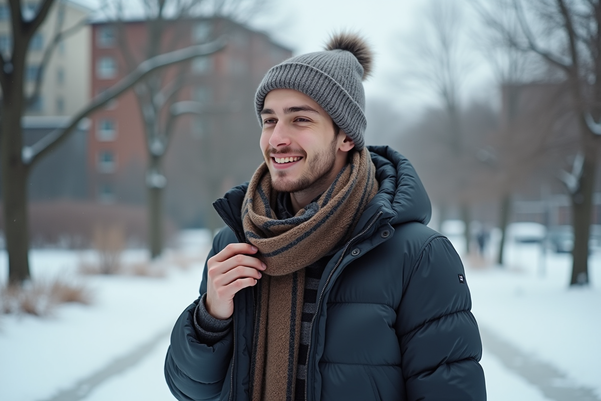 Jeune homme en manteau doudoune dans un parc enneige