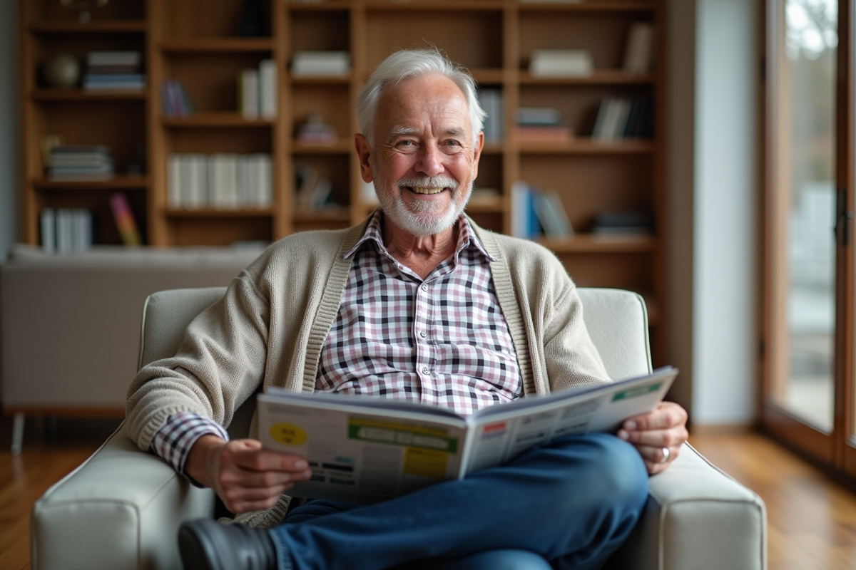Homme âgé en jeans assis dans un salon lumineux