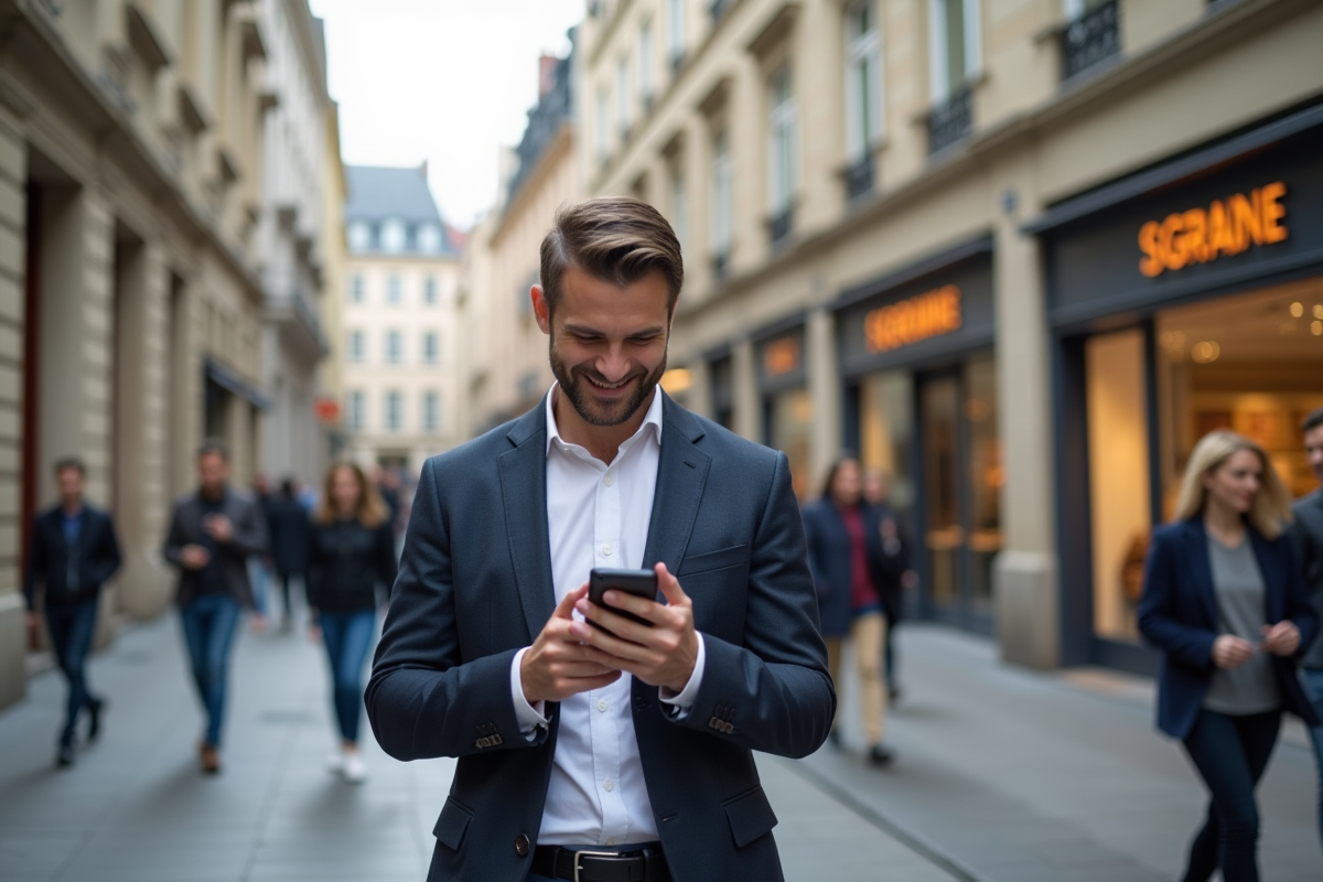 Homme d affaires marchant dans une rue animée de Luxembourg