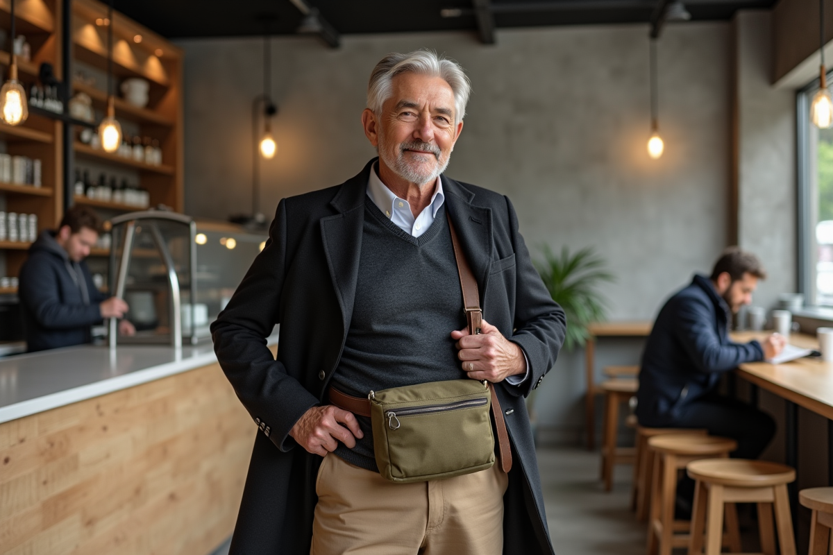 Homme mature ajustant son sac en intérieur