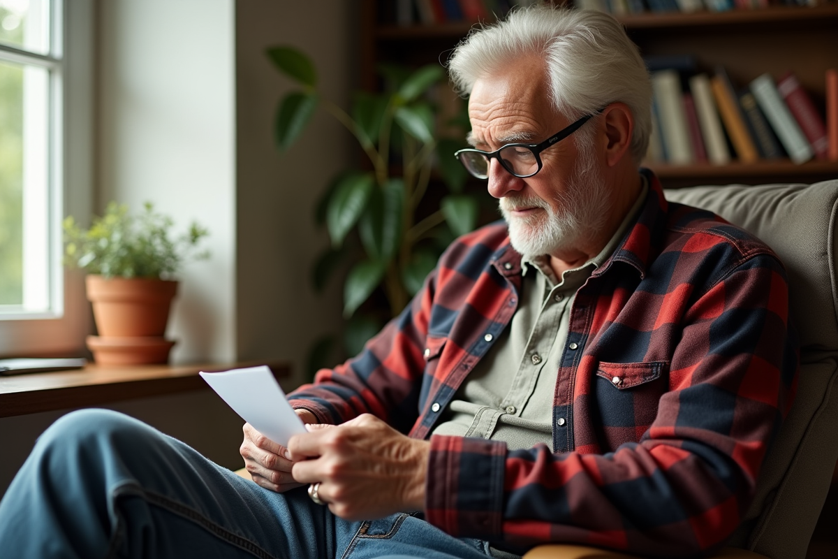 Homme âgé avec mètre ruban et note dans un salon ensoleille